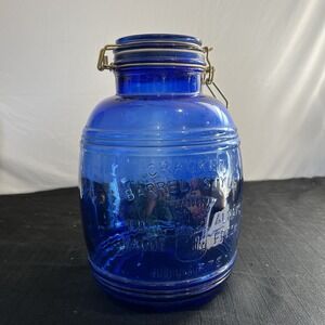 Cracker Barrel Cobalt Blue Glass 4 Quart Barrel Jar Wire Bale Lid Cookies Flour